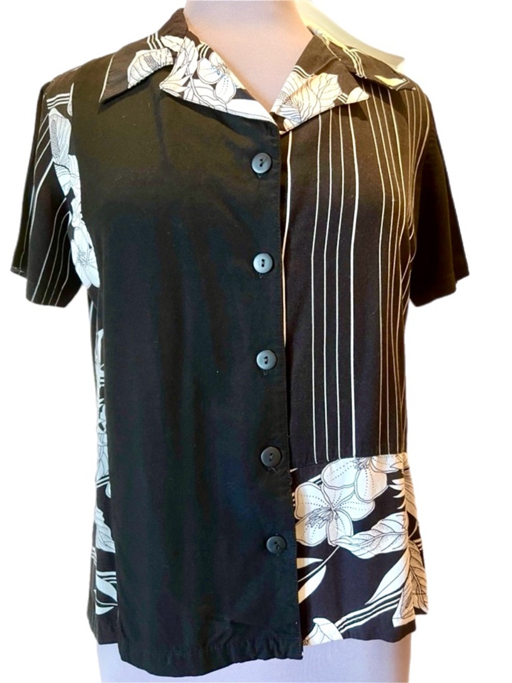 Vintage ‘Key Lime Pie’ Black & White Stripe & Floral Button-front Shirt - S